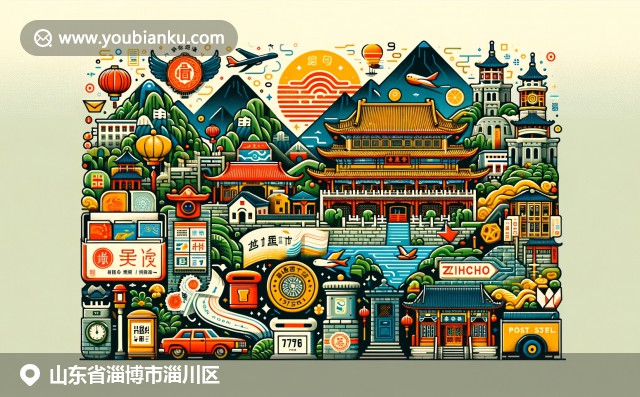 淄川區(qū)文化特色插圖展示：周村古商城、瑯琊山、高新區(qū)標(biāo)志和油旋郵票，融入郵政元素