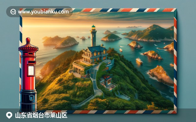 現(xiàn)代明信片風(fēng)格，展現(xiàn)煙臺(tái)山燈塔、海濱風(fēng)光與葡萄酒特色
