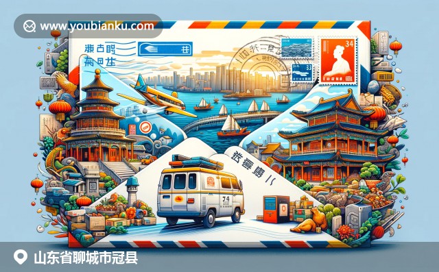 山東文化與郵政元素交融，呈現(xiàn)冠縣關公廟、微山湖和德州扒雞，描繪現(xiàn)代生活與傳統(tǒng)特色