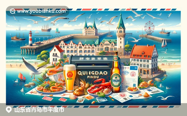 展現(xiàn)青島海濱風(fēng)光和郵政文化，青島棧橋、啤酒和郵政元素形象呈現(xiàn)