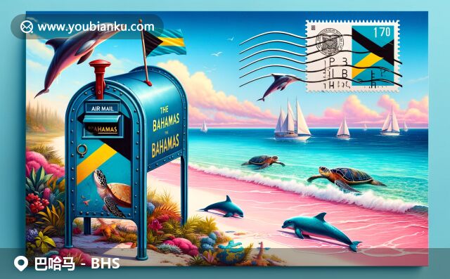巴哈馬粉紅沙灘與海洋生物，郵政場(chǎng)景展現(xiàn)國(guó)旗元素與巴哈馬特色郵筒