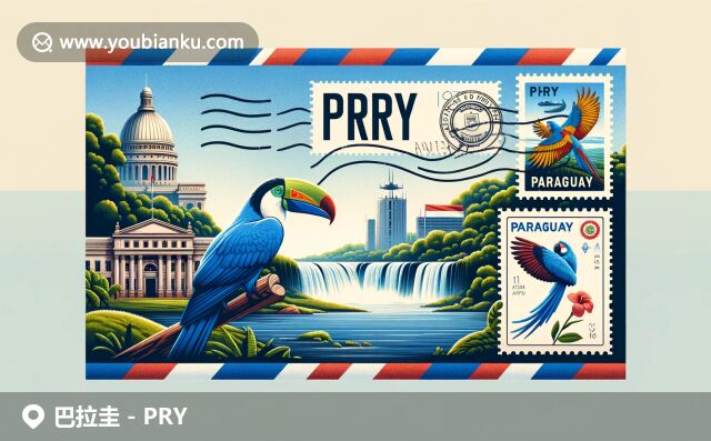 巴拉圭國旗、洛佩斯總統(tǒng)宮和伊瓜蘇瀑布等文化符號，現(xiàn)代風格的郵政元素融入航空郵件信封設計