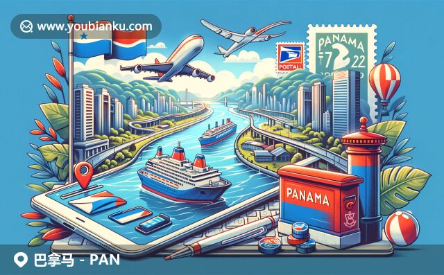 現(xiàn)代插畫(huà)風(fēng)格展現(xiàn)巴拿馬地理特征與郵政特色，包含標(biāo)志性運(yùn)河和國(guó)旗，航空信封、郵戳和傳統(tǒng)郵筒