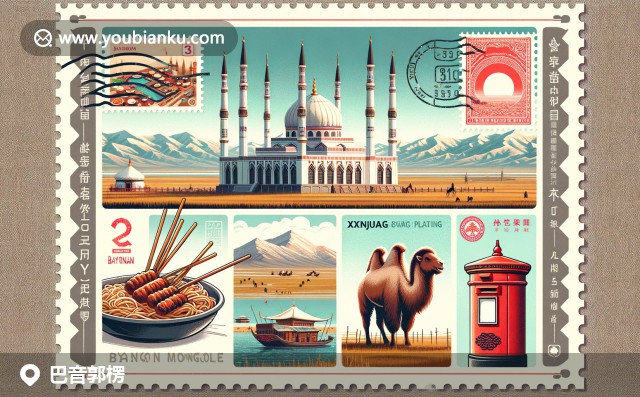 展現(xiàn)巴音郭楞自治州獨特魅力與郵政元素融合：庫爾勒香梨、草原馬群、塔里木河及郵件信封上的郵票與郵戳