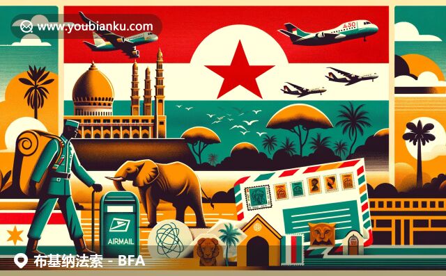 布基納法索國(guó)旗、瓦加杜古大清真寺輪廓、大象等文化元素與郵政特色的融合