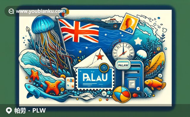 帕勞地域特色與郵政元素的奇妙融合，展現(xiàn)國旗、地圖、水母和熱帶魚，彰顯海洋生態(tài)之美