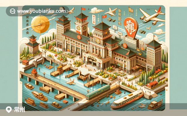 現(xiàn)代插畫展現(xiàn)江蘇常州地域特色，中心是裝飾有中國郵票和郵戳的航空信封，上方描繪大運河、淹城動物園和銀絲面