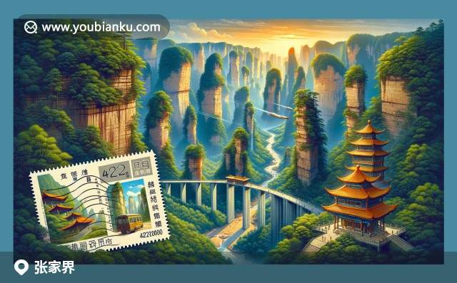 張家界獨特的自然景觀與中國郵政文化交融，展現(xiàn)天然橋與石柱群，古典郵政元素點綴
