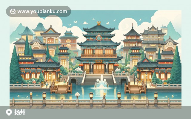 揚(yáng)州瘦西湖白塔、石橋與東關(guān)街熱鬧景象，融入揚(yáng)州炒飯、獅子頭郵票，展現(xiàn)地域特色與郵政元素