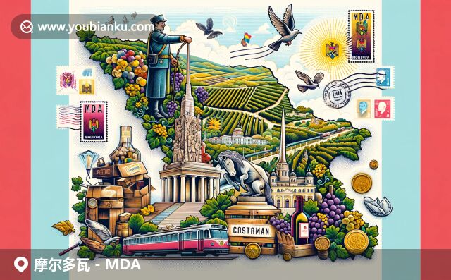 摩爾多瓦地理輪廓與文化元素的完美融合，展現(xiàn)勝利紀(jì)念碑、葡萄酒和郵政特色
