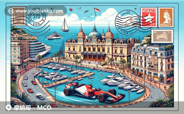 摩納哥奢華與地中海風(fēng)情的完美融合，展現(xiàn)賭場、皇宮、賽車和游艇，伴隨明信片設(shè)計與郵政元素