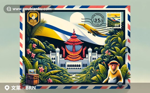 文萊國旗、國徽，蘇丹皇宮與熱帶雨林，長鼻猴與水上村落郵票交相輝映