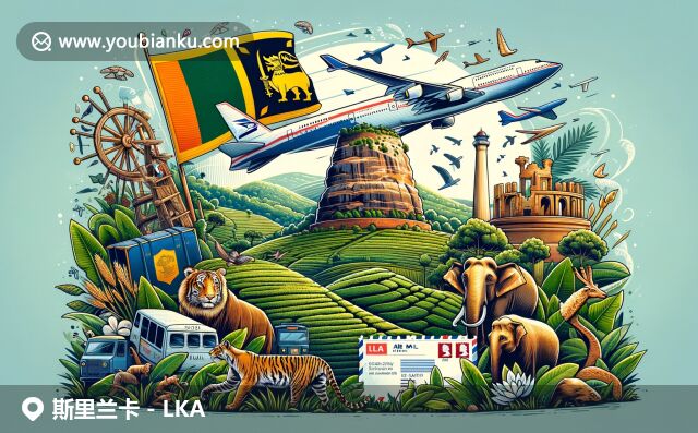 斯里蘭卡地域與郵政元素完美融合，展現(xiàn)國(guó)旗、茶園、獅子巖和野生動(dòng)物，描繪郵政明信片和郵遞員