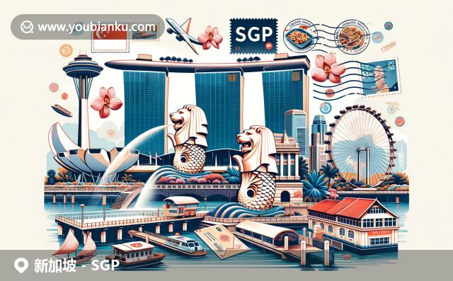 新加坡現(xiàn)代城市風光與傳統(tǒng)郵政元素融合，展現(xiàn)標志性建筑與當?shù)仫L情