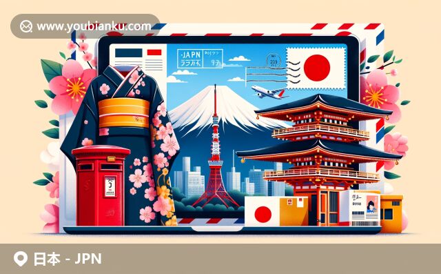 現(xiàn)代插畫展現(xiàn)日本地域特色與郵政元素，富士山、櫻花、和服元素搭配東京塔、金閣寺等景點，航空信封中展示國旗和郵票