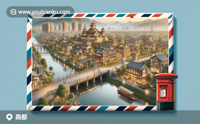 昌都特色：布達(dá)拉宮、雅魯藏布江與彩色經(jīng)幡的航空信封設(shè)計(jì)，郵編854000，展現(xiàn)藏文化與自然和諧