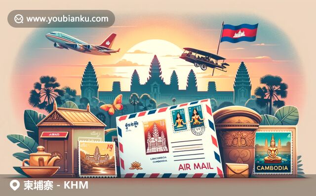 現(xiàn)代插畫(huà)風(fēng)格展現(xiàn)柬埔寨郵政特色與吳哥窟文化，融入航空郵票和傳統(tǒng)舞蹈元素