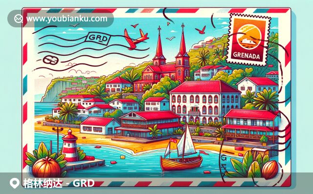 格林納達(dá)地域特色與郵政主題的完美結(jié)合，展現(xiàn)紅色屋頂建筑、大安西海灘和國寶級的肉豆蔻