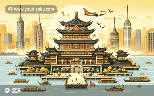 武漢文化與風景融合，展現(xiàn)黃鶴樓壯美、熱干面美食和東湖景色，靈動呈現(xiàn)于航空郵件信封上