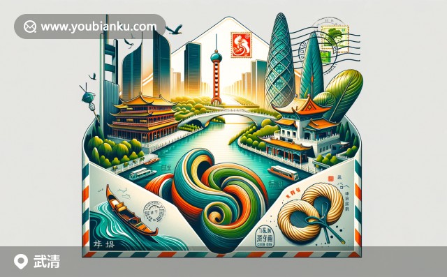 武清古文化街與郵政主題插畫(huà)，展現(xiàn)紅墻綠瓦建筑、301700郵政編碼、狗不理包子和中國(guó)郵政元素