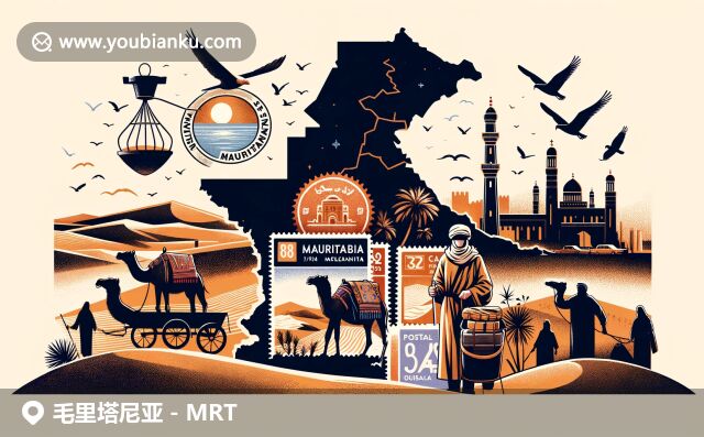 毛里塔尼亞地圖輪廓、沙漠景觀與瓦丹古跡，融入復(fù)古郵件信封和傳統(tǒng)服飾郵差