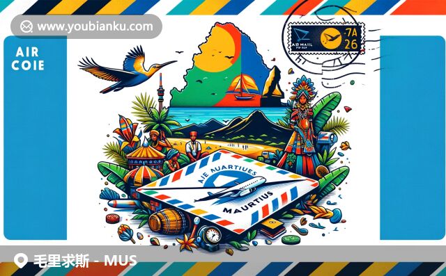 毛里求斯多元文化的現(xiàn)代詮釋，展示國(guó)旗、自然景觀和航空郵政特色