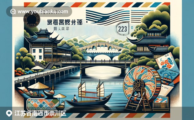 南通特色: 豪河風(fēng)景、紡織產(chǎn)業(yè)和藍(lán)印花布，融入郵政主題