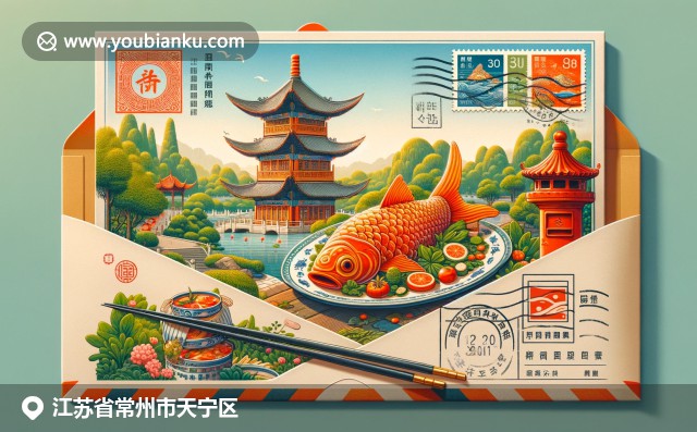 江蘇常州天寧寺與紅梅公園與常州醬鴨的文化融合，現(xiàn)代航空郵件信封背景
