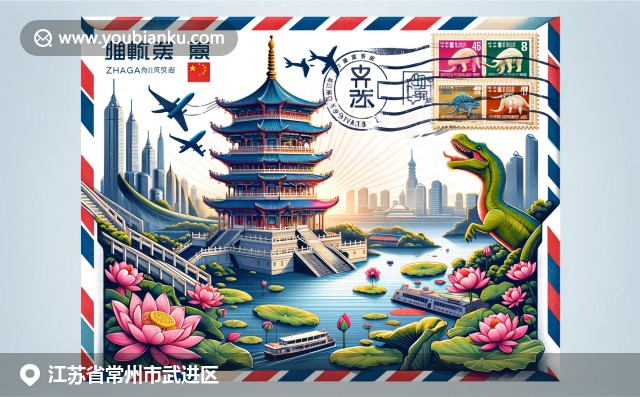 江蘇常州武進(jìn)區(qū)元素融合：天寧寺塔、荷花湖水與恐龍園，航空郵件元素點(diǎn)綴