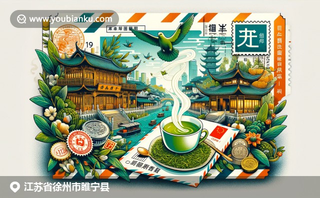 江蘇睢寧縣漢文化景區(qū)與綠茶描繪，現(xiàn)代郵政元素融入