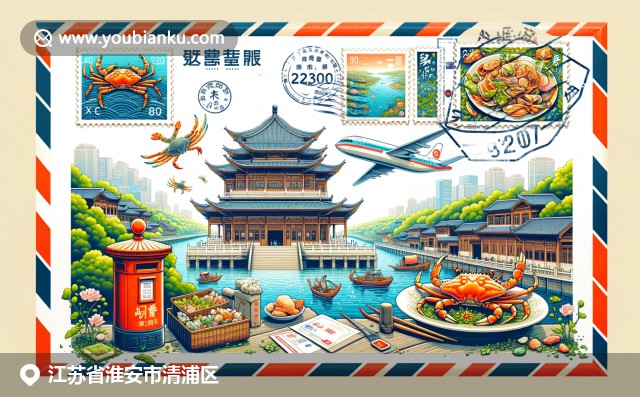 現(xiàn)代插畫(huà)：周恩來(lái)紀(jì)念館、古淮河美景與美食大閘蟹，結(jié)合航空郵件元素展現(xiàn)淮安特色
