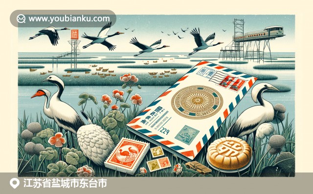 江蘇東臺市鹽城濕地美景與東臺年糕，搭配郵政元素展現獨特風貌