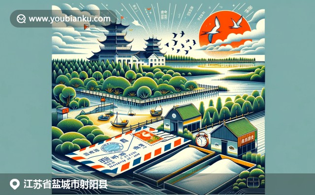 江蘇射陽縣融合濕地與鹽田美景，展示特色郵票與郵政郵筒