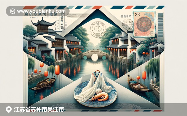 吳江文化和經(jīng)濟的現(xiàn)代展示，同里古鎮(zhèn)、絲綢服飾和美食白蝦融入郵政元素