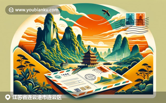 江蘇連云港連云區(qū)自然美景與郵政文化的融合，展現(xiàn)花果山風(fēng)景和中國郵政元素
