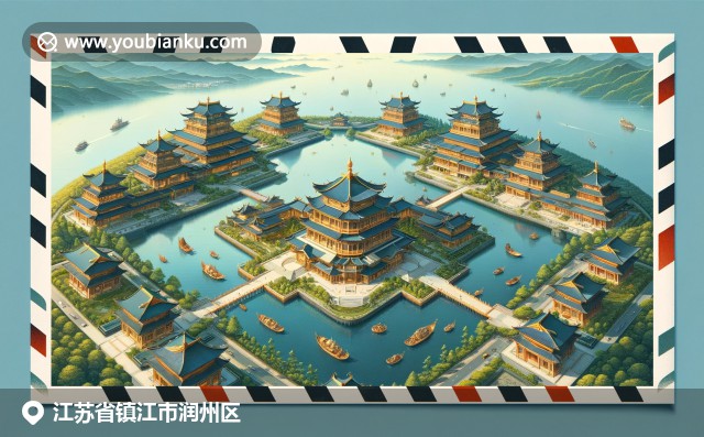 鎮(zhèn)江潤州區(qū)金山寺金色屋頂與翠綠樹木，傳統(tǒng)香醋瓶及西津渡古色街道，郵政元素融合