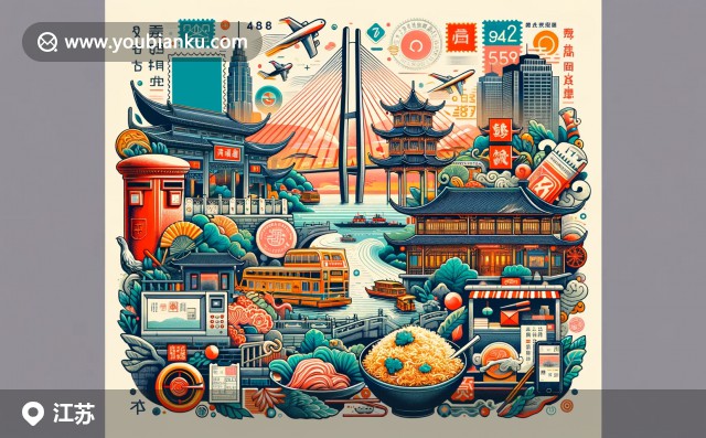 江蘇文化與郵政元素巧妙融合，描繪蘇州園林和瘦西湖景觀，彰顯江蘇獨特魅力