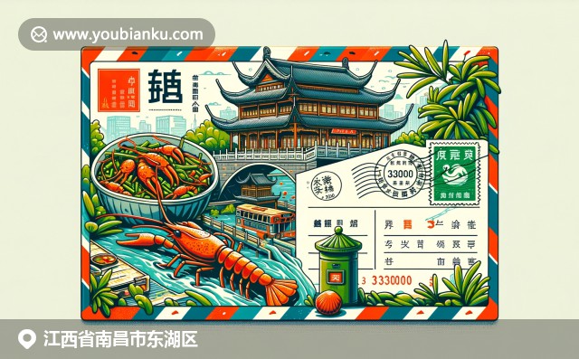 南昌東湖區(qū)地方特色郵政信封，展現(xiàn)騰王閣古建筑與贛菜小龍蝦美食