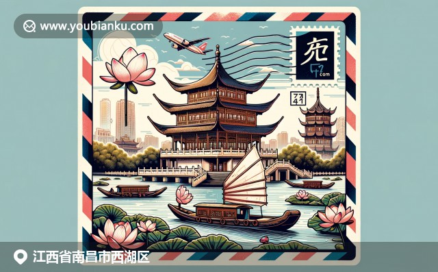 南昌西湖區(qū)著名景點滕王閣、蓮花和傳統(tǒng)帆船在郵政明信片圖形中現(xiàn)代插畫展現(xiàn)