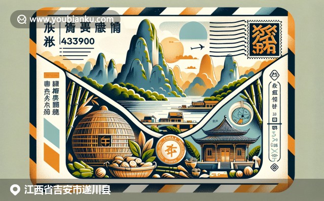 江西吉安遂川縣的武功山壯麗景色、客家圓屋和竹筍特產(chǎn)，現(xiàn)代插畫融合自然美景與當?shù)匚幕? title=