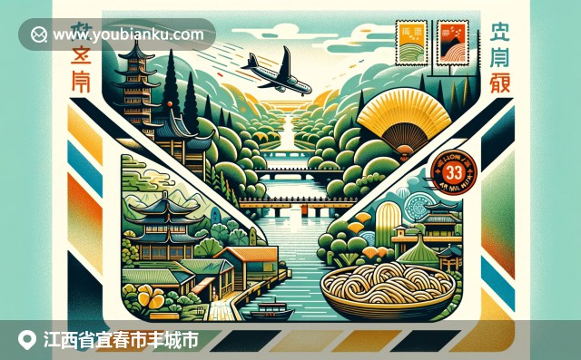 江西豐城現(xiàn)代航空郵件信封，展現(xiàn)銀杏樹、贛菜特色和豐城河，傳達(dá)郵政編碼主題