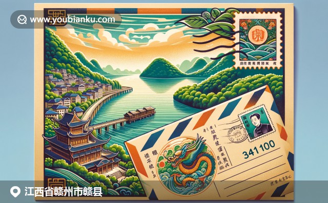 贛縣贛江畔的自然美景與傳統(tǒng)文化，融合梅關(guān)古道圖案與中國風(fēng)郵政元素