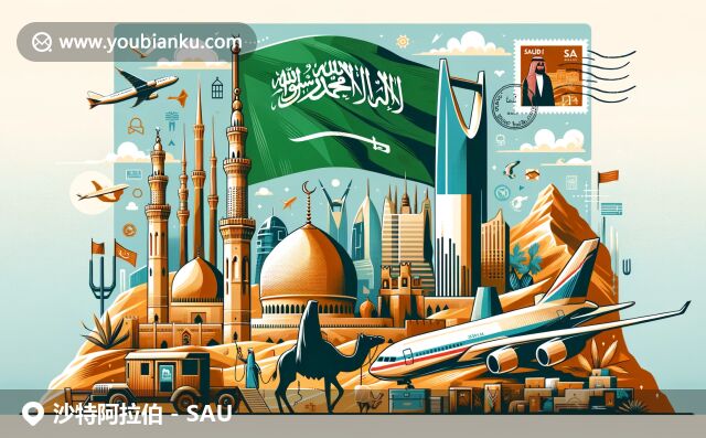 沙特郵政頁面設(shè)計展示沙特文化與郵政特色，地標(biāo)如麥加圣殿大清真寺與利雅得國王塔融入設(shè)計，沙漠景觀如駱駝和傳統(tǒng)服裝也呈現(xiàn)