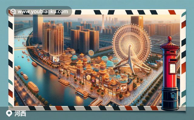 河西區(qū)標(biāo)志性景觀-天津之眼摩天輪與狗不理包子，郵編300000的古典信封與中國郵政郵戳