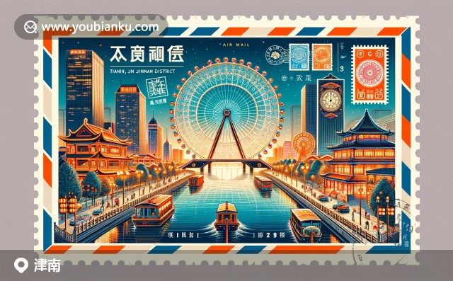 現(xiàn)代航空信封風(fēng)格的天津津南區(qū)插畫：天津之眼夜景、傳統(tǒng)建筑與郵票元素的融合