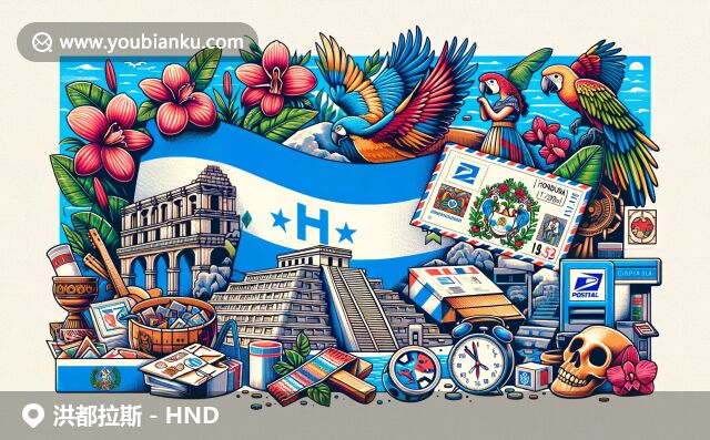 洪都拉斯國旗、文化遺址、傳統(tǒng)舞蹈與鸚鵡：展現(xiàn)多元文化與郵政元素的融合