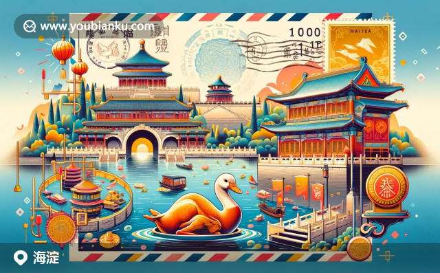 頤和園、清華大學與北京烤鴨郵票插畫，展現(xiàn)海淀區(qū)的學術魅力、歷史遺產(chǎn)及美食特色