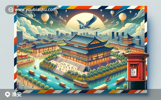 描繪淮安運(yùn)河之都、水煎包和洪澤湖美景的郵政元素插畫(huà)，展現(xiàn)江蘇特色和郵政文化