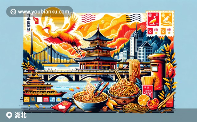 湖北文化與郵政元素完美融合，展現(xiàn)黃鶴樓與熱干面，神農(nóng)架自然風(fēng)光，背景點綴郵票與郵戳