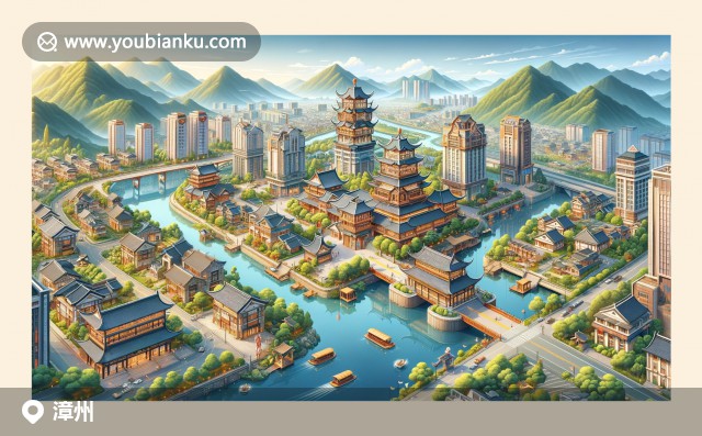 漳州傳統(tǒng)與現(xiàn)代的完美結合，描繪南靖土樓、云水謠古鎮(zhèn)和火山島景觀，展現(xiàn)郵政元素和地標建筑